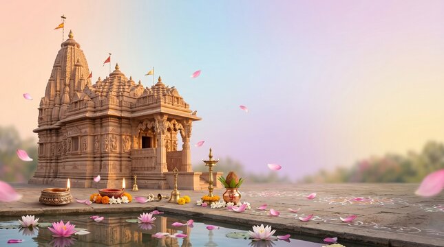 Parivartini Ekadashi pastel gradient with temple architecture, sacred ornaments and floating lotus petals