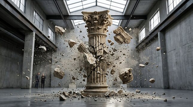 A dramatic scene of a crumbling ancient stone column exploding in a modern concrete building