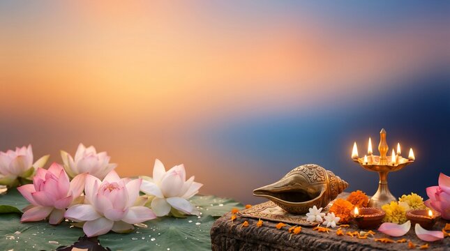 Parivartini Ekadashi soft gradient background, sacred lotus flowers, conch shell and glowing temple lamps