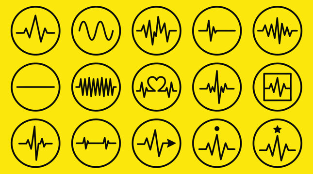Audio sound wave and heartbeat pulse circular icons on yellow background