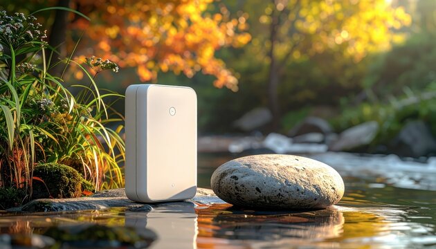 Waterproof speaker on river stone outdoors.