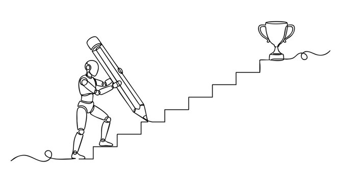 Artificial intelligence cyborg climbing stairs while drawing steps toward a gold trophy cup with a giant pencil. Continuous line art vector illustration of AI machine learning success