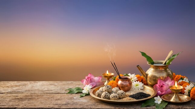 Pitru Paksha soft gradient background, ritual offerings with sesame seeds, sacred water vessel, lotus flowers and glowing lamps