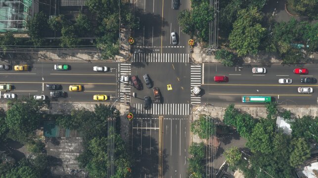 Aerial view of a busy intersection with traffic, crosswalks, and surrounding trees