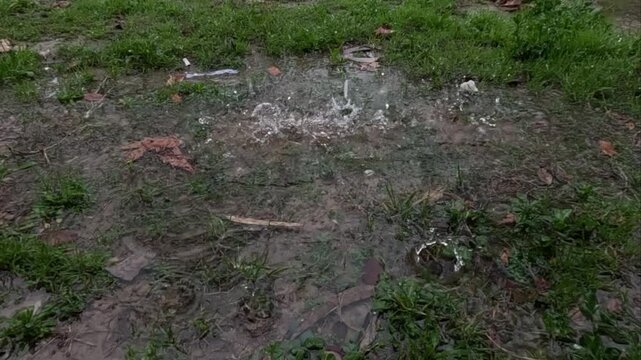 Slow motion water droplets falling onto soil