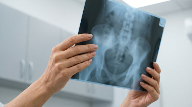 Hands holding X-ray bone scan, Checking Bone Scan. Women's health 40+