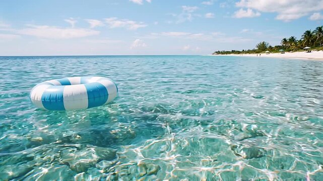 Slow motion tracking shot of inflatable ring drifting and bobbing on clear turquoise shallow ocean near tropical sandy beach with palms under sunny sky