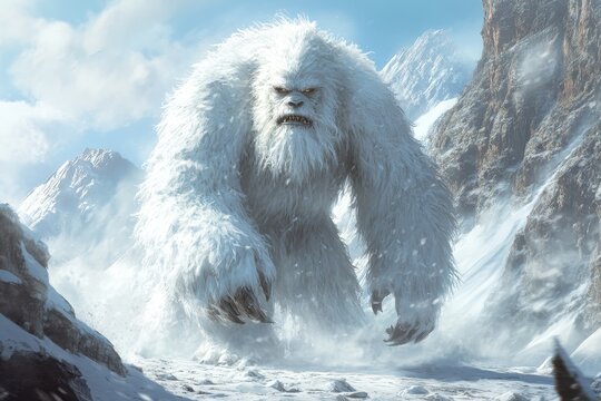 Fearsome yeti or abominable snowman walking through a snowy mountain landscape, mythical creature in a blizzard, cinematic winter fantasy illustration