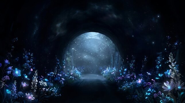 Glowing blue flowers illuminate a mysterious stone tunnel entrance under a dark starry night sky featuring magical sparkles and ethereal dreamlike light in this digital composition.