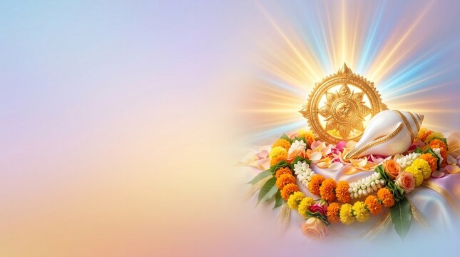 Shravan Dwadashi pastel gradient with chakra, conch shell, floral garlands and glowing divine rays
