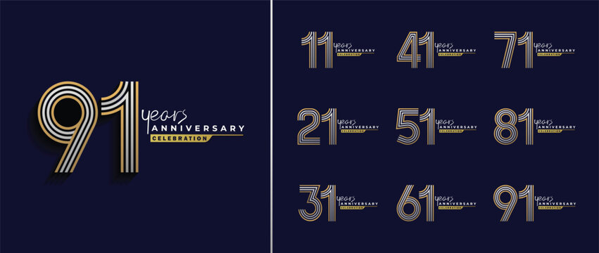 Set of anniversary logo style with gold and silver multi-line typography 11 to 91 years. Modern luxury vector linear templates on dark blue background for celebration event.