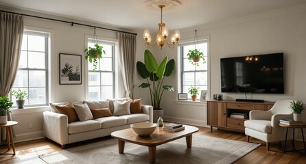 Fototapeta premium Bright Modern Living Room Interior with Sofa and Natural Light