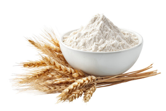 Bowl of wheat flour with wheat stalks isolated on transparent background.