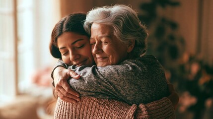 Fototapeta premium Young Woman Hugging Elderly Woman In Warm Indoor Support