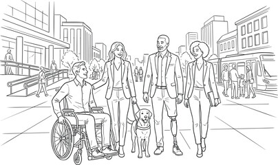 Obraz premium Diverse business people with disabilities walking in city line art vector illustration with wheelchair prosthetic leg and guide dog.