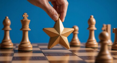 Naklejka premium Hand Moving Star Chess Piece Strategy Game Concept Business Success