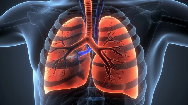 Human torso with transparent chest showing lungs, bronchi, and trachea in vivid color, symbolizing respiration, anatomy, and biological function.