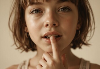 Fototapeta premium Young Girl Thoughtful Portrait Posing Secretive Curiosity Brown Hair