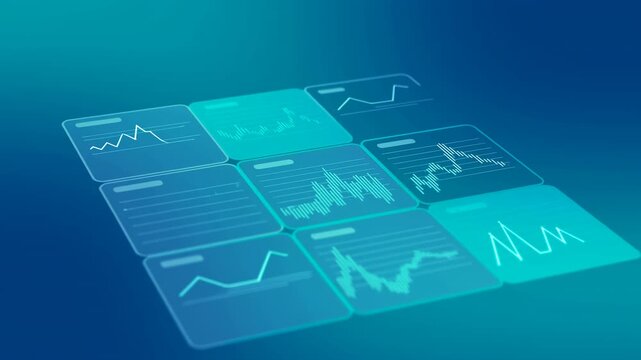 Translucent data panels glowing over teal gradient with cyan charts and grid layout