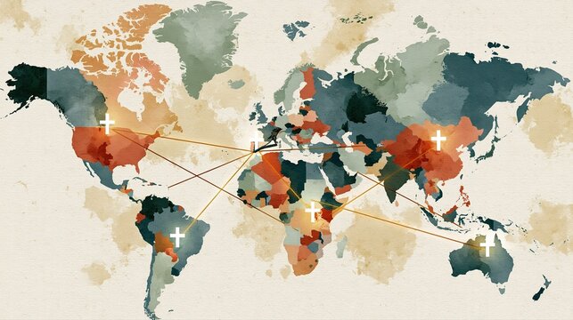 Christian Prayer Network Across Continents, Minimalist World Map with Glowing Crosses and Connecting Lines