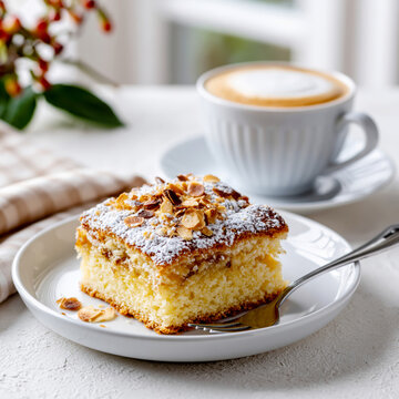 Almond Cake with Coffee in Bright Morning Light &ndash; AI Generative