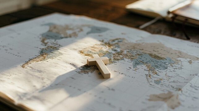 Wooden Cross on World Map, Christian Missions Planning Still Life with Prayer Journal and Warm Light