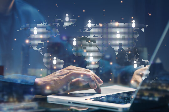 Global business network visualization with connected users across world regions. International communication, digital collaboration, remote workforce and worldwide connectivity concept.