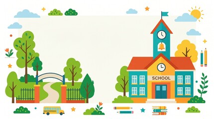 Fototapeta premium Flat Vector Back to School Background Template with School Building and Copy Space