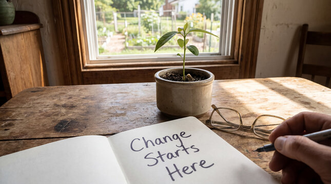 Hand writing change starts here in notebook on wooden table with potted plant, symbolizing new beginnings and action
