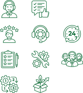 Minimalist Linear Customer Support and Technical Service Icon Set Featuring Call Center Operations, Feedback, and Maintenance Concepts