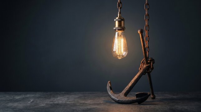 Vintage edison light bulb hanging from a rusty metal chain above a heavy iron anchor on a dark textured background for nautical industrial decor concept