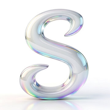 ガラス調のアルファベットS。虹色に輝く立体的なクローム3D文字。イラスト。Glass alphabet S. Holographic 3D chrome letter text. Vector illustration design.