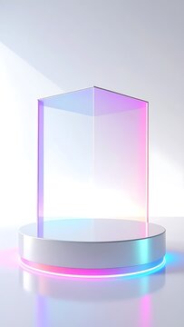 A futuristic glass cube on a lit platform