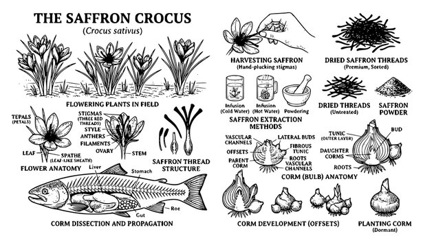 Vintage Botanical and Culinary Saffron Crocus Infographic Vector Collection Featuring Detailed Flower Anatomy Stigmas Threads Corm Bulbs and Cooking Preparation Diagrams