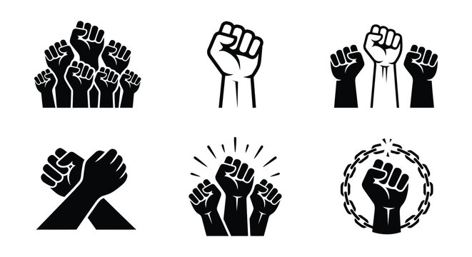 Raised fists silhouette collection black vector illustration on white background