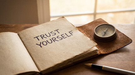 Obraz premium Trust yourself text on old notebook page with a compass and pen on a wooden table, guiding personal growth