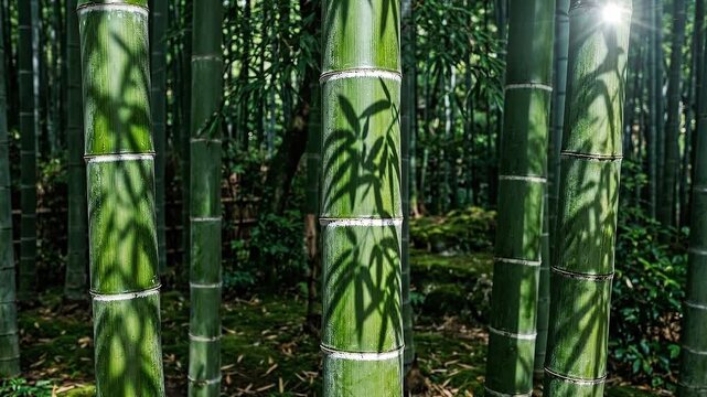 Slow panning tracking shot of bamboo trunks with shifting leaf shadows and dappled sunlight across mossy forest floor in dense temperate grove, calm morning mood