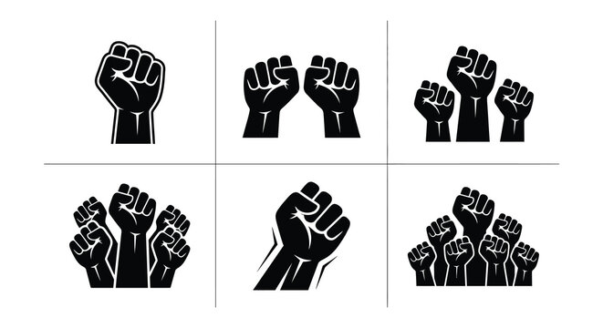 Raised fists silhouette collection black vector illustration on white background