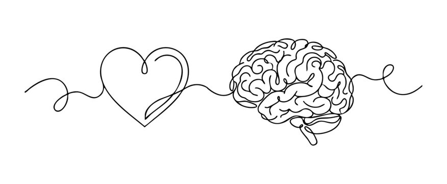 Continuous line art of heart and brain connection. Emotional intelligence, logic and feeling balance concept. vector illustration