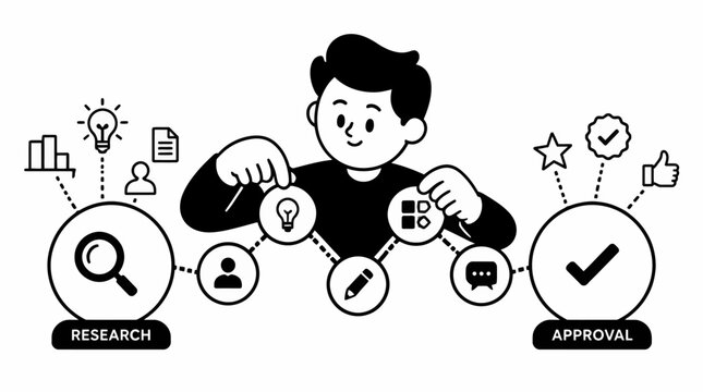 Illustration of person managing research and approval process.