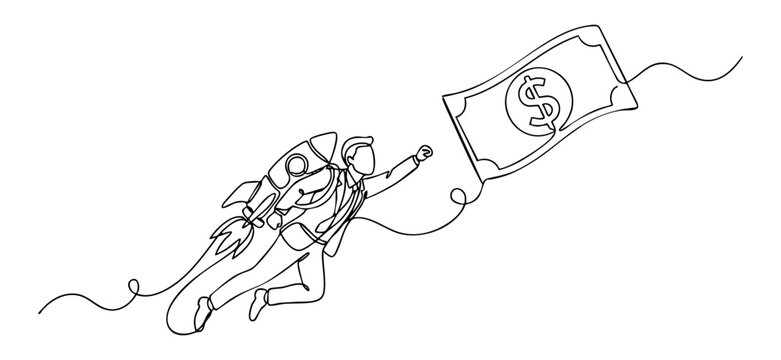 Corporate businessman flying with jetpack rocket to catch a flying dollar banknote. One line drawing vector illustration of investment success and wealth creation