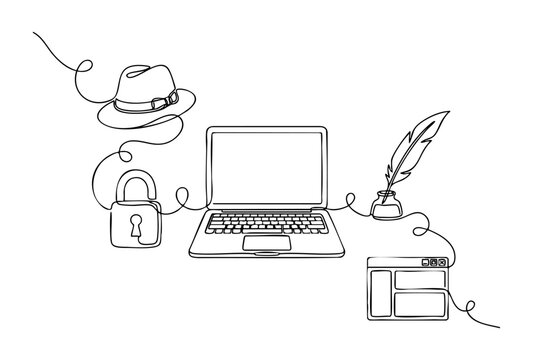 Cybersecurity and online privacy concept with open laptop connected to a padlock, fedora spy hat, and quill inkwell. One line drawing vector illustration