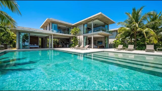 Luxury modern villa with a large swimming pool surrounded by palm trees under a clear blue sky, showcasing premium real estate and tropical lifestyle.