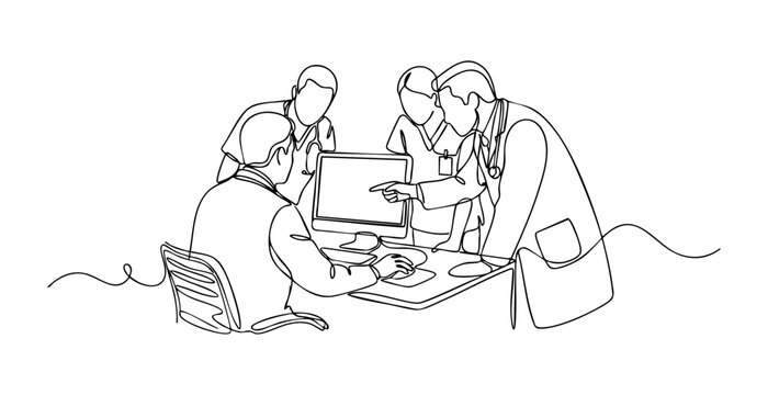 Group of doctors and nurses looking at a computer screen together. One line drawing vector illustration of hospital staff analyzing patient diagnostics data