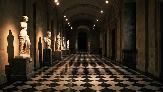 Tracking shot of marble statues and sculpted busts standing along checkered hallway in historic museum gallery with warm directional lighting and long perspective