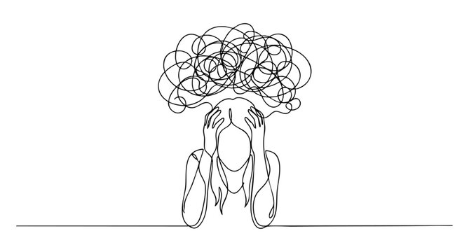 Mental health concept, depressed woman holding head under a heavy tangled loop cloud. One line drawing vector illustration