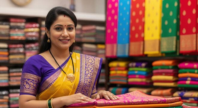 Indian woman in a sari showcasing colorful fabrics in textile shop  