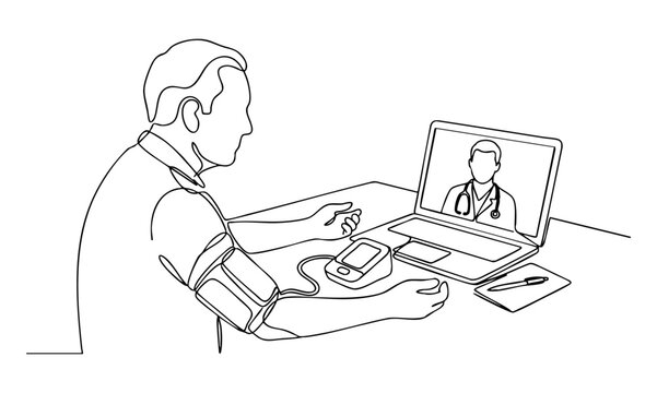 Telemedicine and home healthcare concept with an elderly man measuring his blood pressure while consulting a doctor online via a laptop screen. One line drawing vector illustration