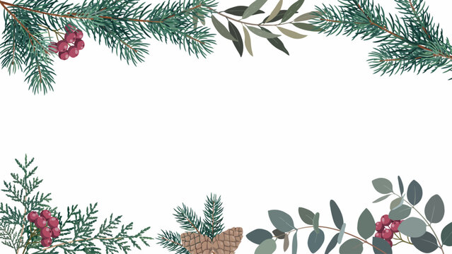 Elegant Winter Botanical Border with Evergreen Branches and Red Berries - Perfect for Holiday Greetings and Festive Designs