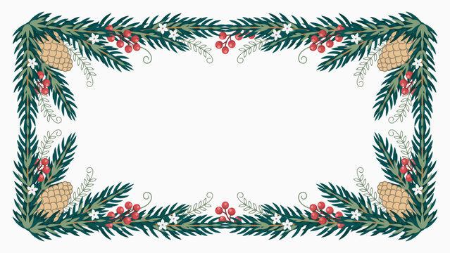 Winter holiday frame with evergreen branches, red berries, and natural pine cones. Festive decorative border for seasonal celebration designs